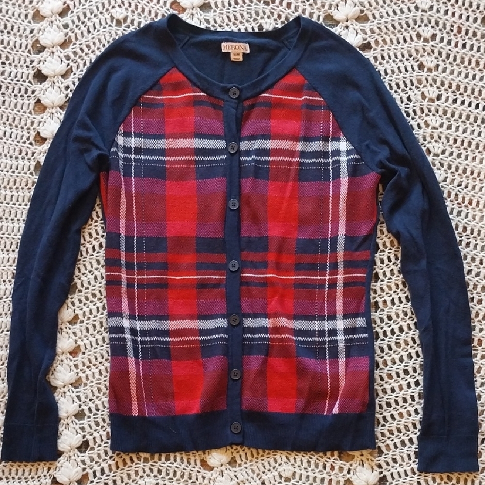 Merona Red and Navy Plaid Button-Up Cardigan